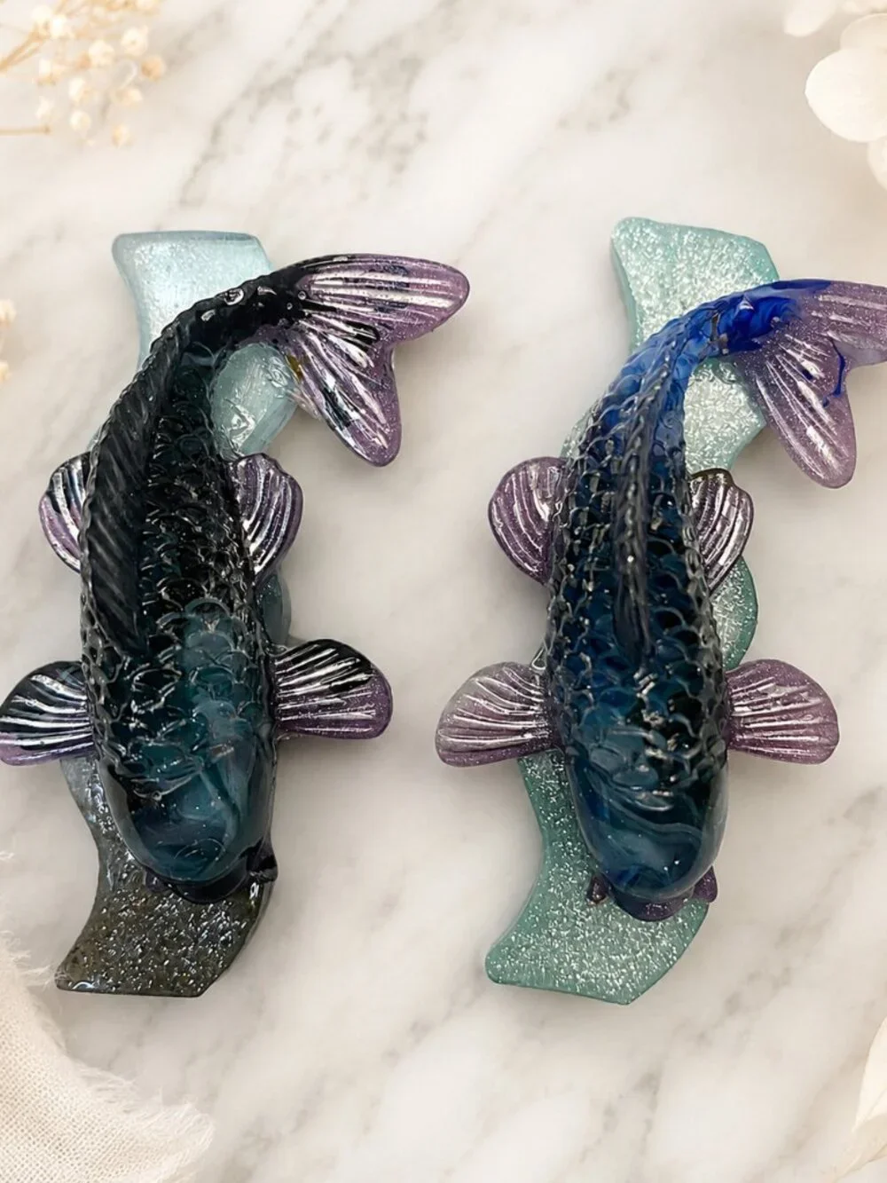 Handmade Resin Betta Koi Fish Hair Clips Trio, Sea Green Blue Purple Accents